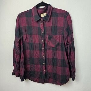 Blue Mountain Shirt Woman's Size XL Burgundy Black Plaid Long Sleeve Button Up